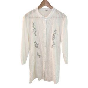 Embroidered Floral Cotton Tunic Top Lagenlook White Medium